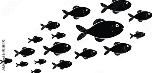 School of fish silhouette illustration, underwater marine life concept, black vector sea animals group, minimal ocean design isolated on white background