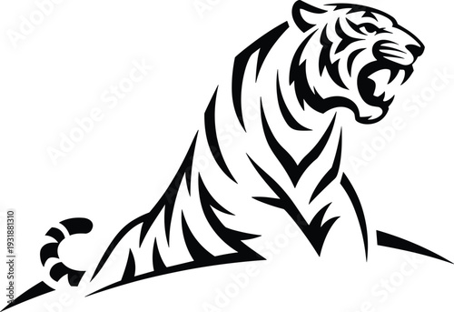 Roaring tiger silhouette illustration, fierce wild animal logo, tribal tattoo style vector, powerful predator design isolated on white background art