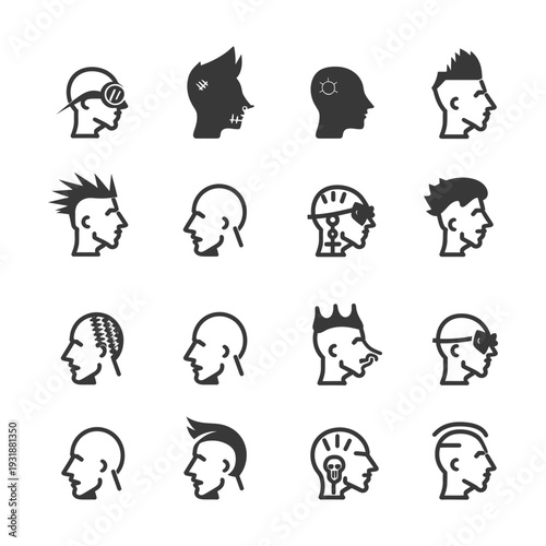 A Set of Sixteen Unique Male Hairstyle and Head Silhouette Icons