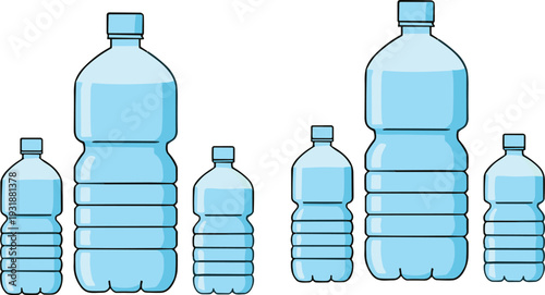 Set of Plastic Water Bottles Different Sizes Blue Transparent Containers Vector Illustration Isolated on White Background