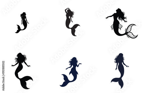 Mermaid Silhouette Set, Elegant Mythical Creatures Vector Illustration