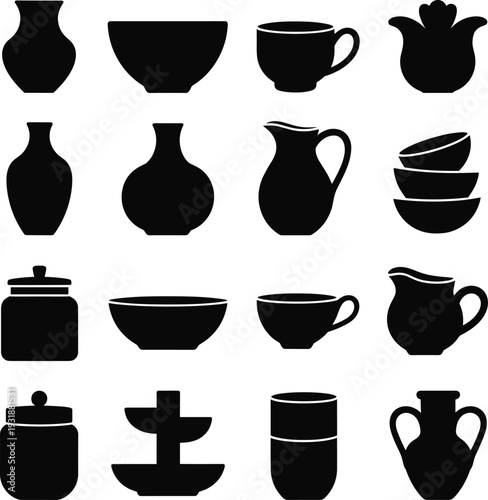 Ceramic pottery silhouette icon set, bowls cups vases pitchers jars collection, black kitchen household vector isolated on white background