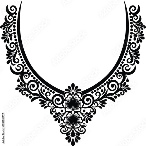 Elegant black and white floral neckline embroidery design for ethnic wear garments and textile pattern decorations.