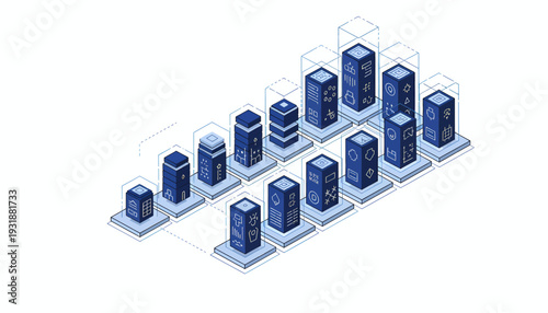 3D rendered blue bar graph with increasing trend and transparent future projections.