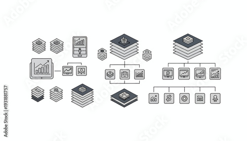 Data organization and hierarchy illustration with layered structures and interconnected elements.
