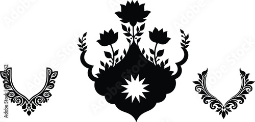 Ornate black floral silhouette collection featuring decorative necklines and botanical motifs for design projects.