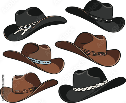 Set of Western Cowboy Hats in Black and Brown Colors Rustic Country Style Vector Illustration Collection