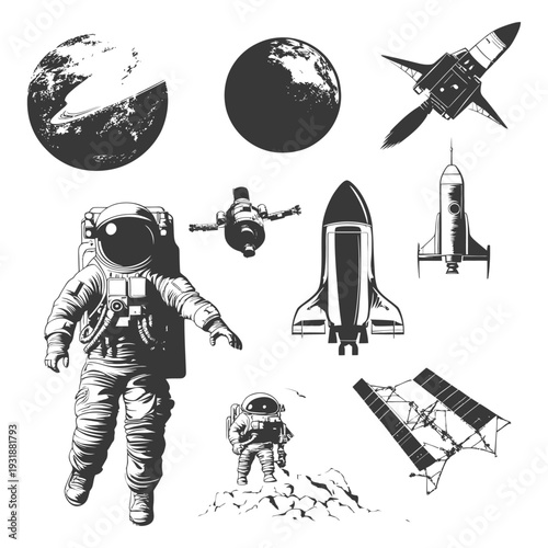 Astronaut on Moon Surface with Spacecraft and Planets