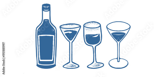 Wine Bottle and Glass Composition in Clean Urban Line Art.