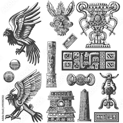 Aztec and Mayan-Inspired Geometric Patterns and Symbols