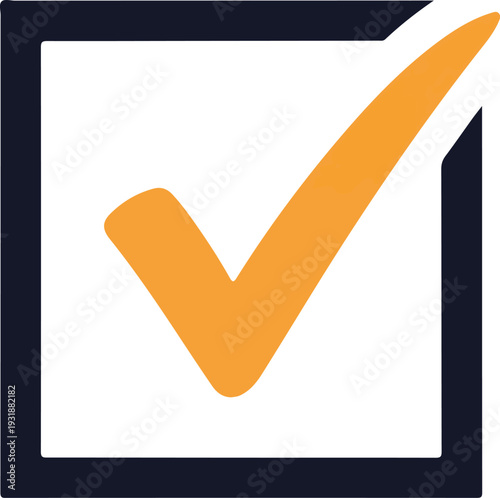 A large orange checkmark in a black outlined box on a white background