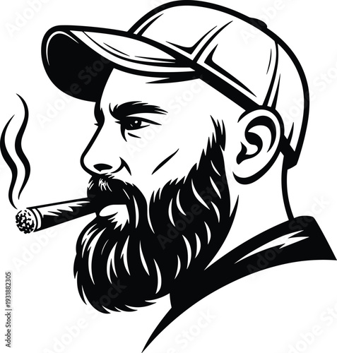 Bearded man smoking cigar illustration, masculine vintage portrait art, black and white vector character design isolated on white background style