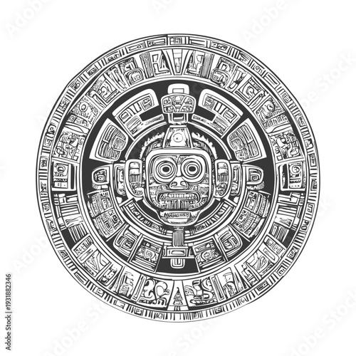 Aztec Calendar Stone with Central Deity Face