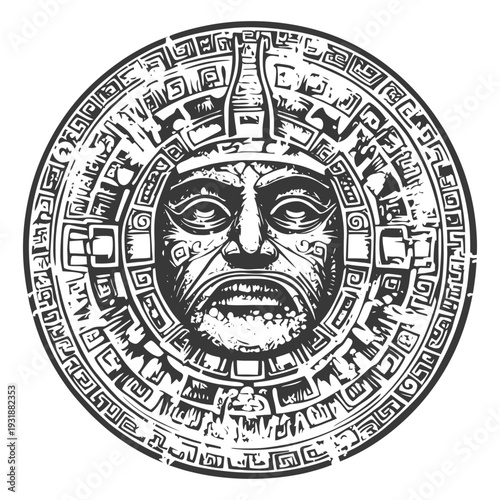 Aztec Calendar Stone with Central Deity Face