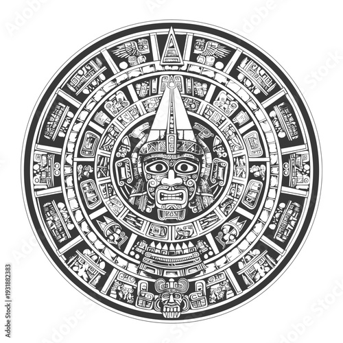 Aztec Calendar Stone with Central Face and Detailed Ornamentation