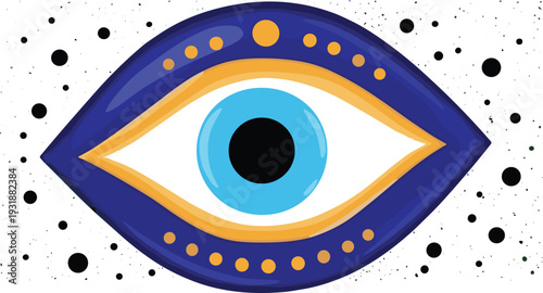 Blue Evil Eye Symbol with Golden Decorative Elements Mystical Protection Amulet Vector Illustration on Light Background