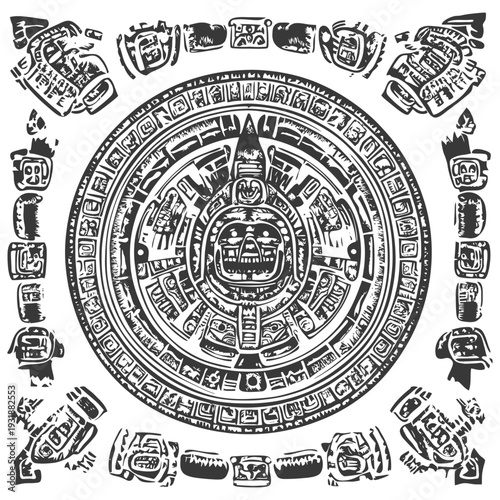 Aztec Calendar Stone with Detailed Glyphs and Symbols