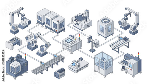 Industrial manufacturing process with robotic arms and machinery.