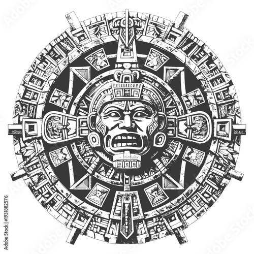 Aztec Calendar Stone with Ferocious Face and Intricate Design