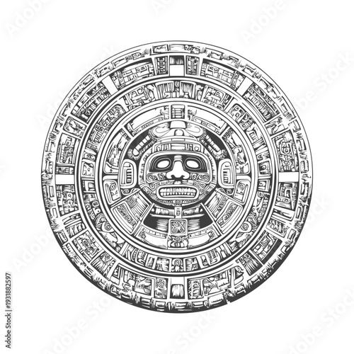 Aztec Calendar Stone with Detailed Intricate Glyphs and Central Deity Face