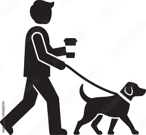 Dog Walker Man Walking Dog Holding Coffee Cups Black Silhouette Icon