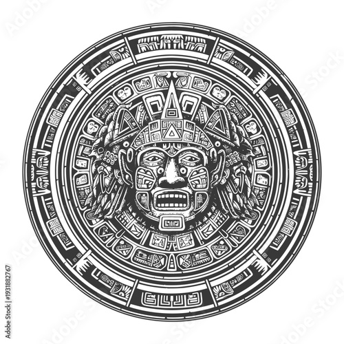 Aztec Calendar with Central Deity Face