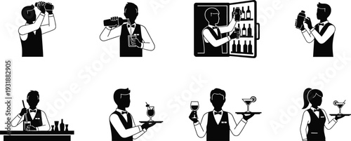 Bartender and waiter silhouettes mixing drinks with a shaker and pouring beverages. Staff preparing drinks, serving guests with trays, and organizing bar stock. 