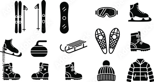 Winter sports and recreation icons skiing, snowboarding, and ice skating. skis, snowboards, sleds, goggles, and winter clothing. 