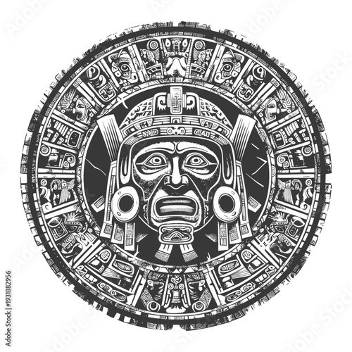 Aztec Calendar with Intricately Carved Face and Symbols