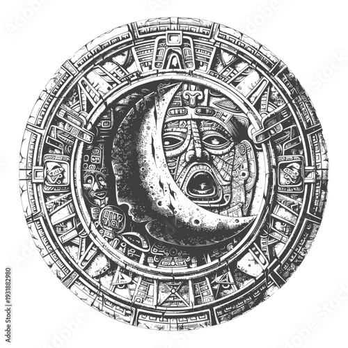 Aztec Calendar with Crescent Moon and Deity Face