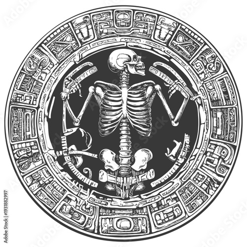 Aztec Calendar with Skull and Bones