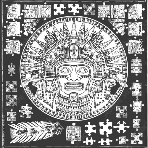 Aztec Deity Face with Puzzle Pieces and Feathers