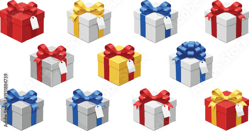Set of 3D isometric gift boxes with colorful ribbons and bows for Christmas, birthday celebrations, and e-commerce shopping promotions.