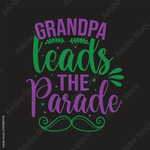 A colorful graphic design featuring a grandpa leading a parade