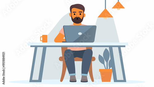 Bearded man working on laptop at modern desk with plant