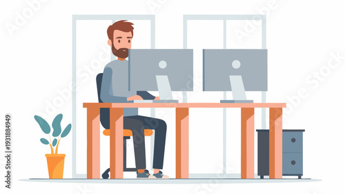 Bearded man working on computer at modern office desk with dual monitors