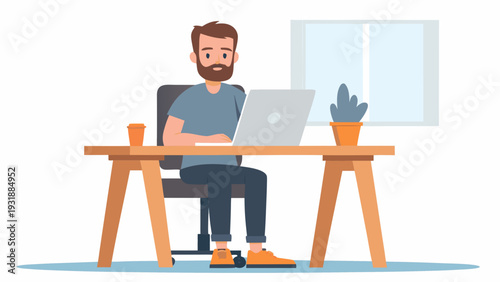 Bearded man sitting at desk with laptop and coffee