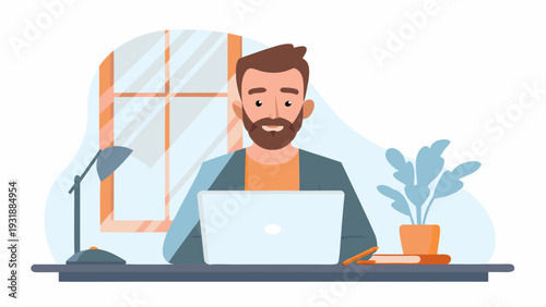 Freelancer man working on laptop at desk with plant and lamp