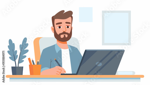 Bearded man working on laptop at desk with digital art