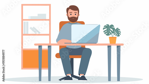 Bearded man working on laptop at desk with bookshelf