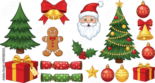 Christmas vector collection featuring Santa Claus, decorated pine trees, gingerbread man, ornaments, and festive holiday elements for winter designs.