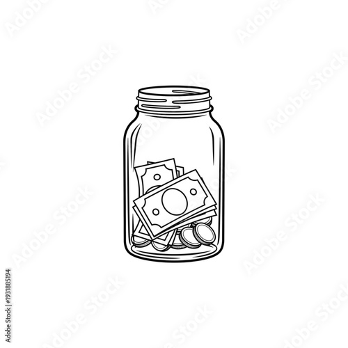 Cash in glass jar filled with bills and coins  