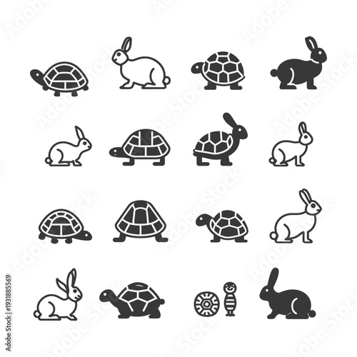 Black and White Silhouette Icons of Rabbits and Turtles