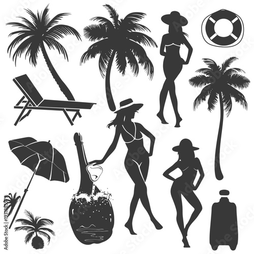 Black and White Silhouette Illustration of Palm Trees, Women, and Beach Accessories