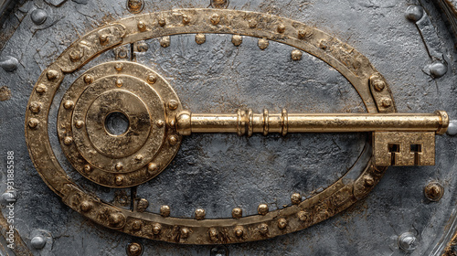 Golden key unlocking massive steel vault door representing financial freedom, investment success, wealth strategy, opportunity access, 3d render