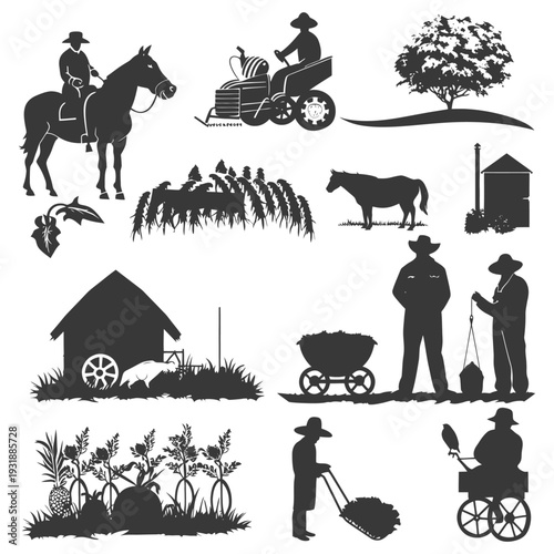 Black and White Silhouettes Depicting Various Rural Scenes