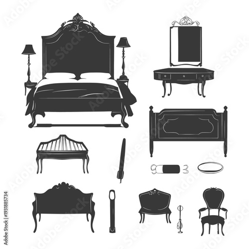 Black and White Silhouettes of Classic Bedroom Furniture