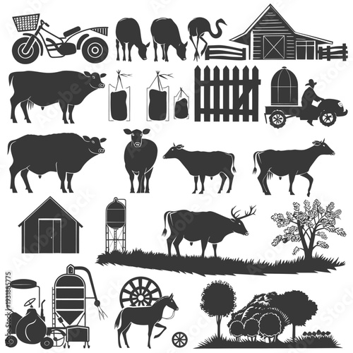 Black and White Silhouettes of Farm Animals and Rural Objects