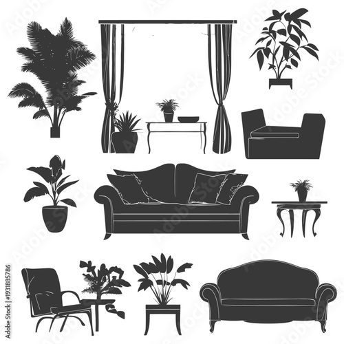 Black and White Silhouettes of Living Room Furniture and Plants