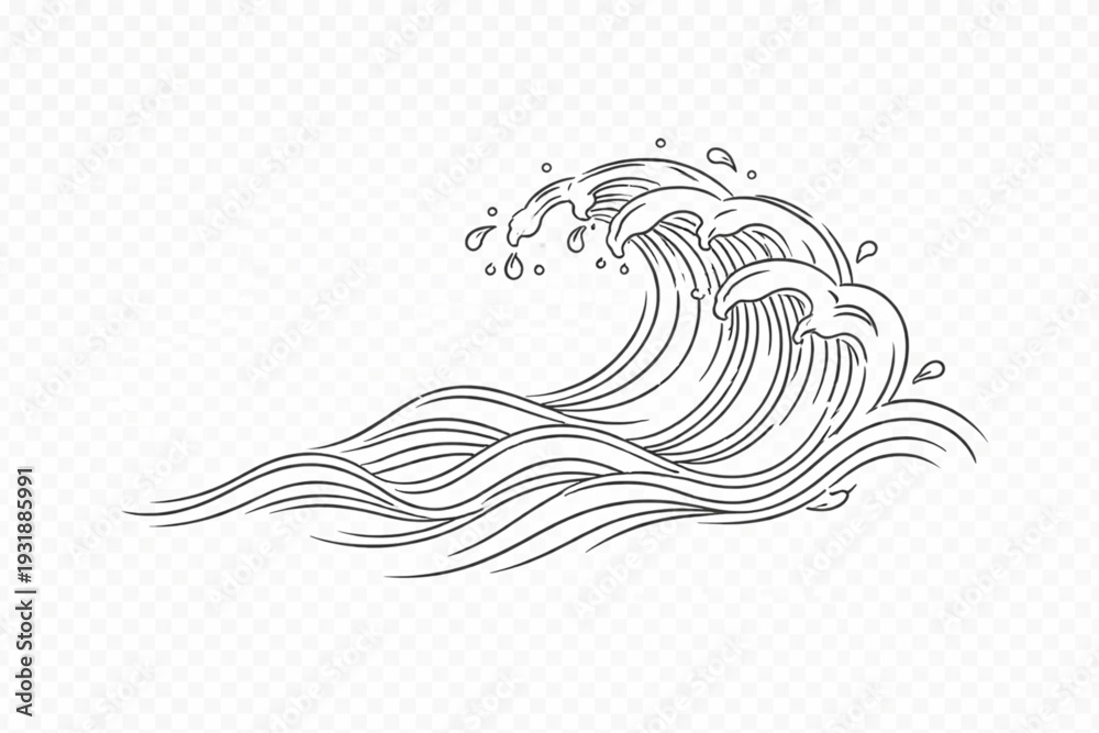Fototapeta premium Dynamic Japanese Style Ocean Wave Line Art Illustration Vector - Hand-Drawn Ukiyo-e Inspired Sea Waves for Traditional Asian Designs, Water Elements & Nature Concepts, Transparent Background.